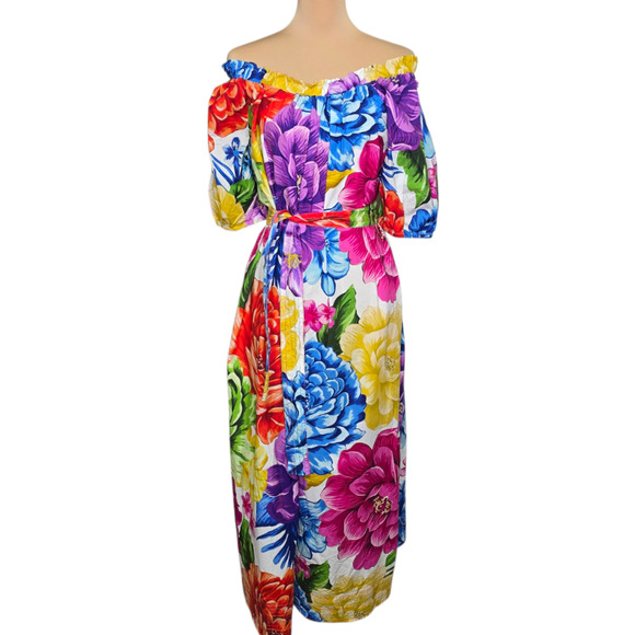 Farm Rio Rainbow‎ Chita Off Shoulder Puff Sleeve Maxi Dress L - Picture 1 of 13